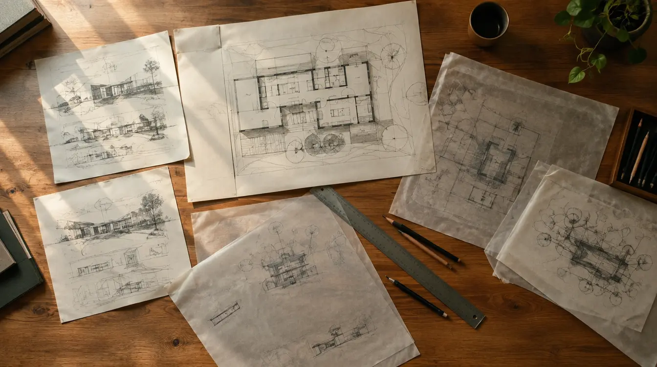 Architectural plans and sketches spread across a desk