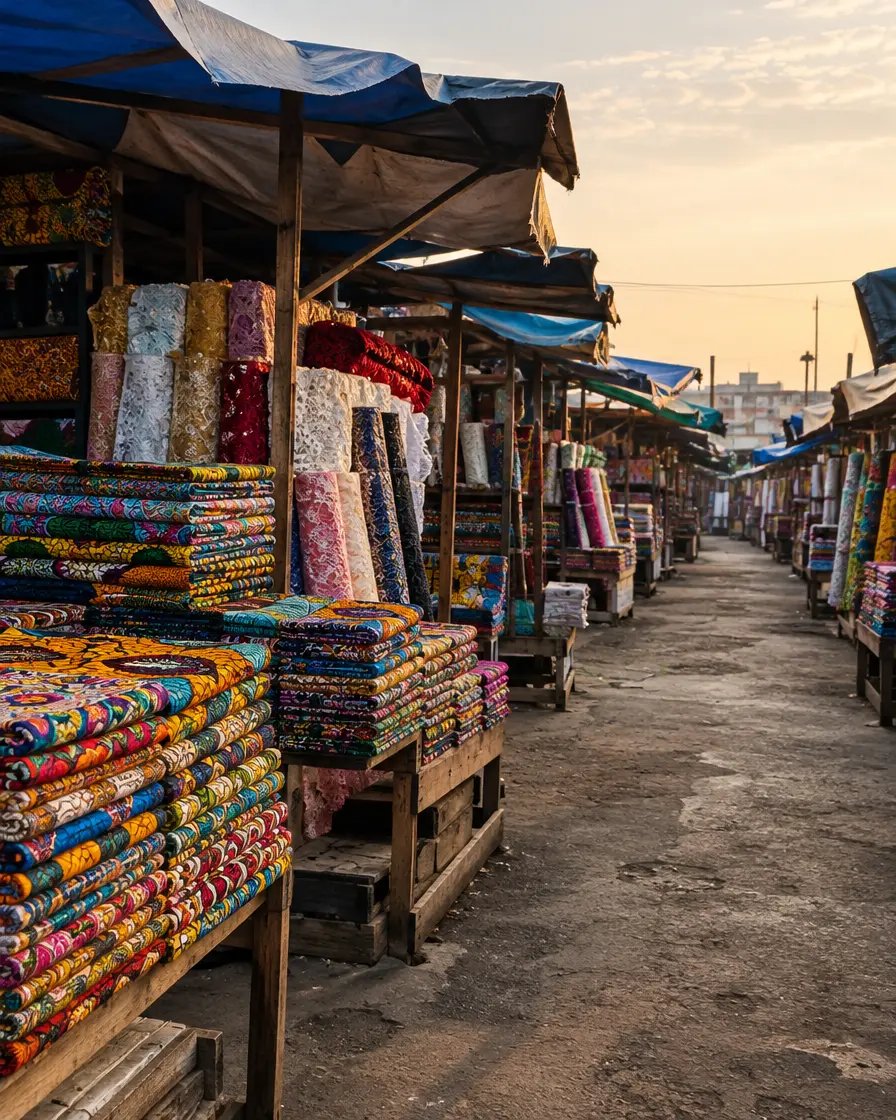 A Lagos textile market before opening, stalls stacked with Ankara fabric