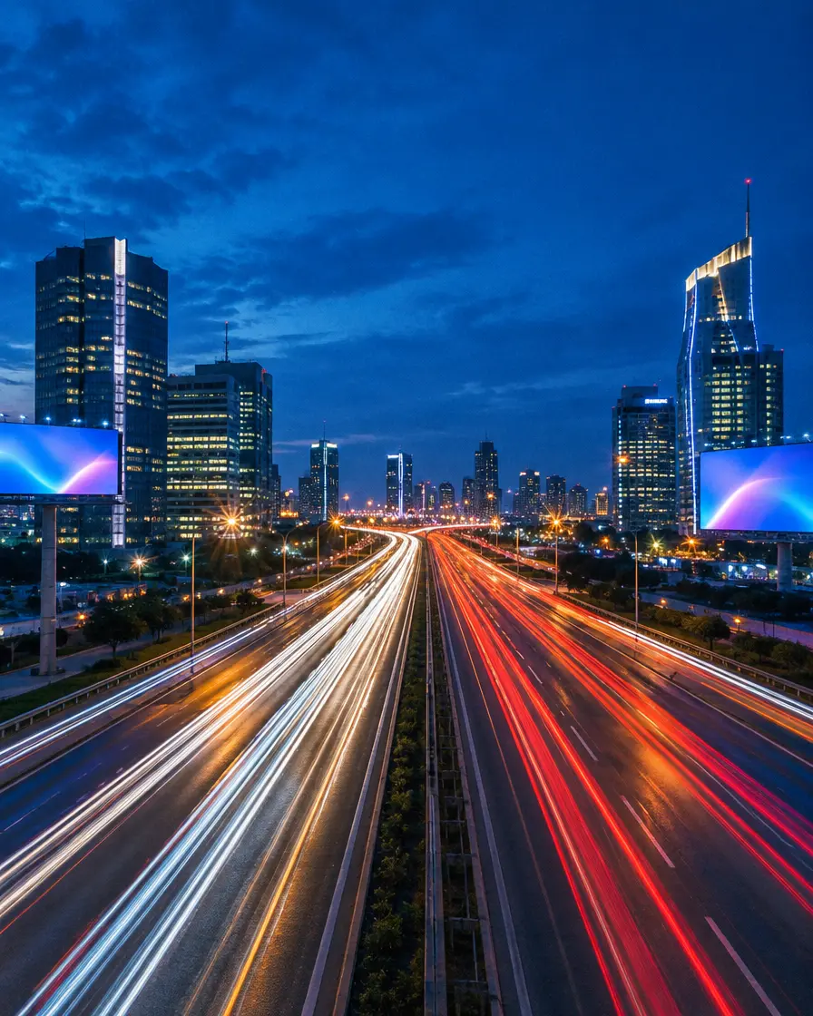 Light trails on a Lagos expressway at dusk between lit office towers
