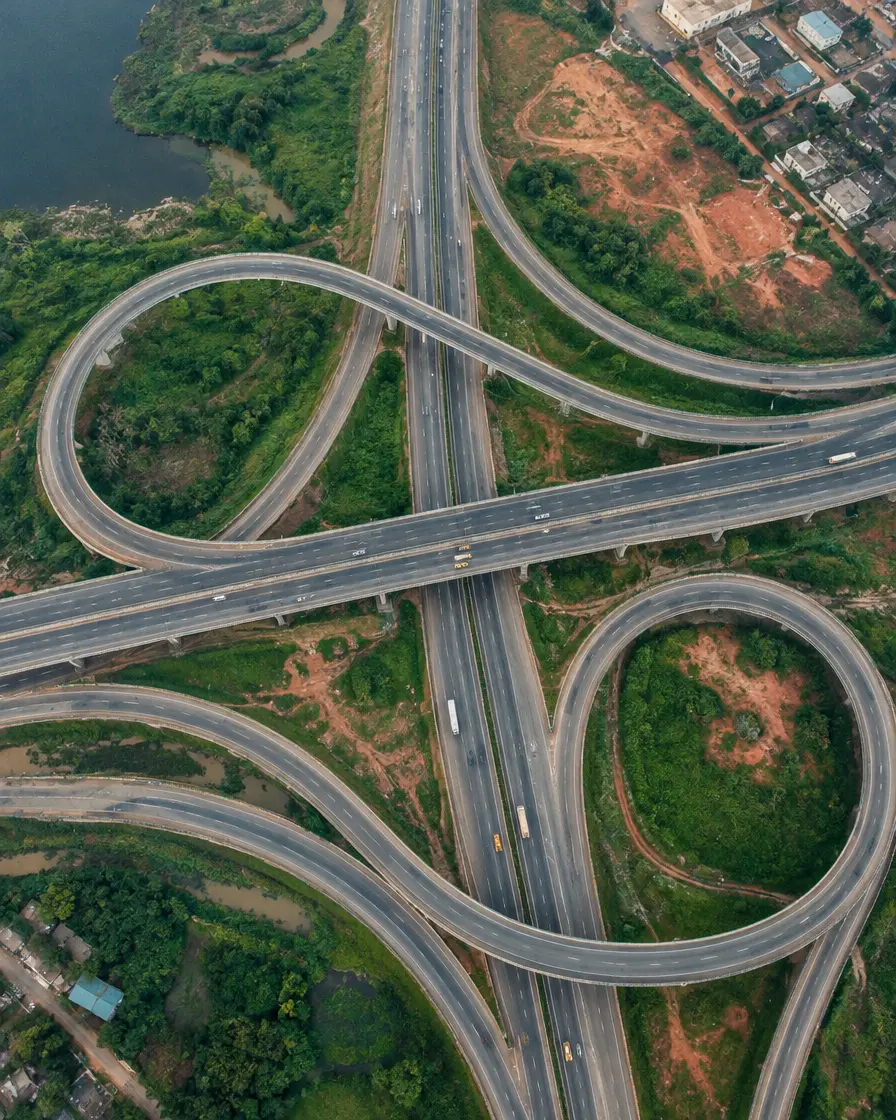 A looping highway interchange in Lagos, seen from above